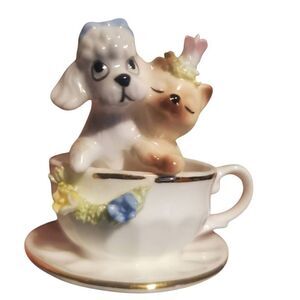 Vintage Napcoware Bone China Tea For Two Miniture Teacup With Poodle And Kitten